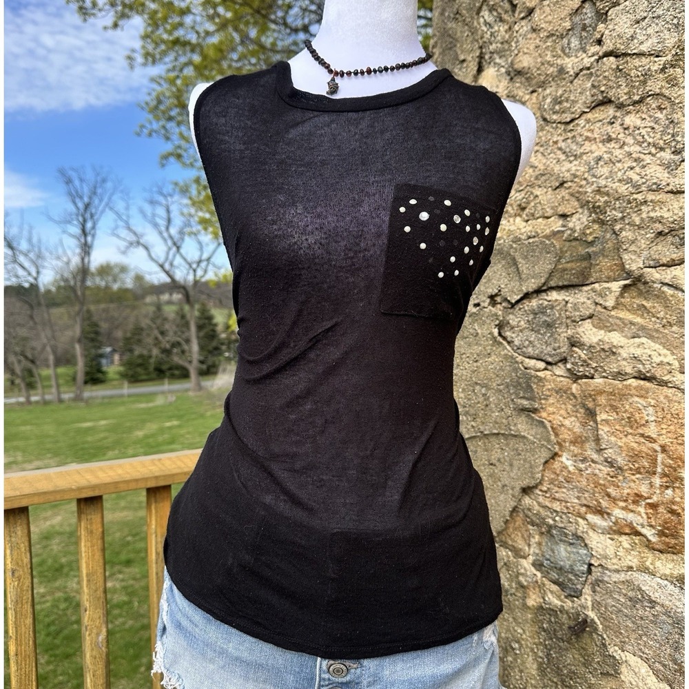 mnk Black Sheer Sleeveless Tank Top with Studded Pocket Size L